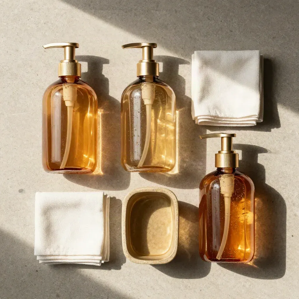Overhead flat lay of amber glass soap bottles, refill bottle, soap dish and folded cloths on pale stone.