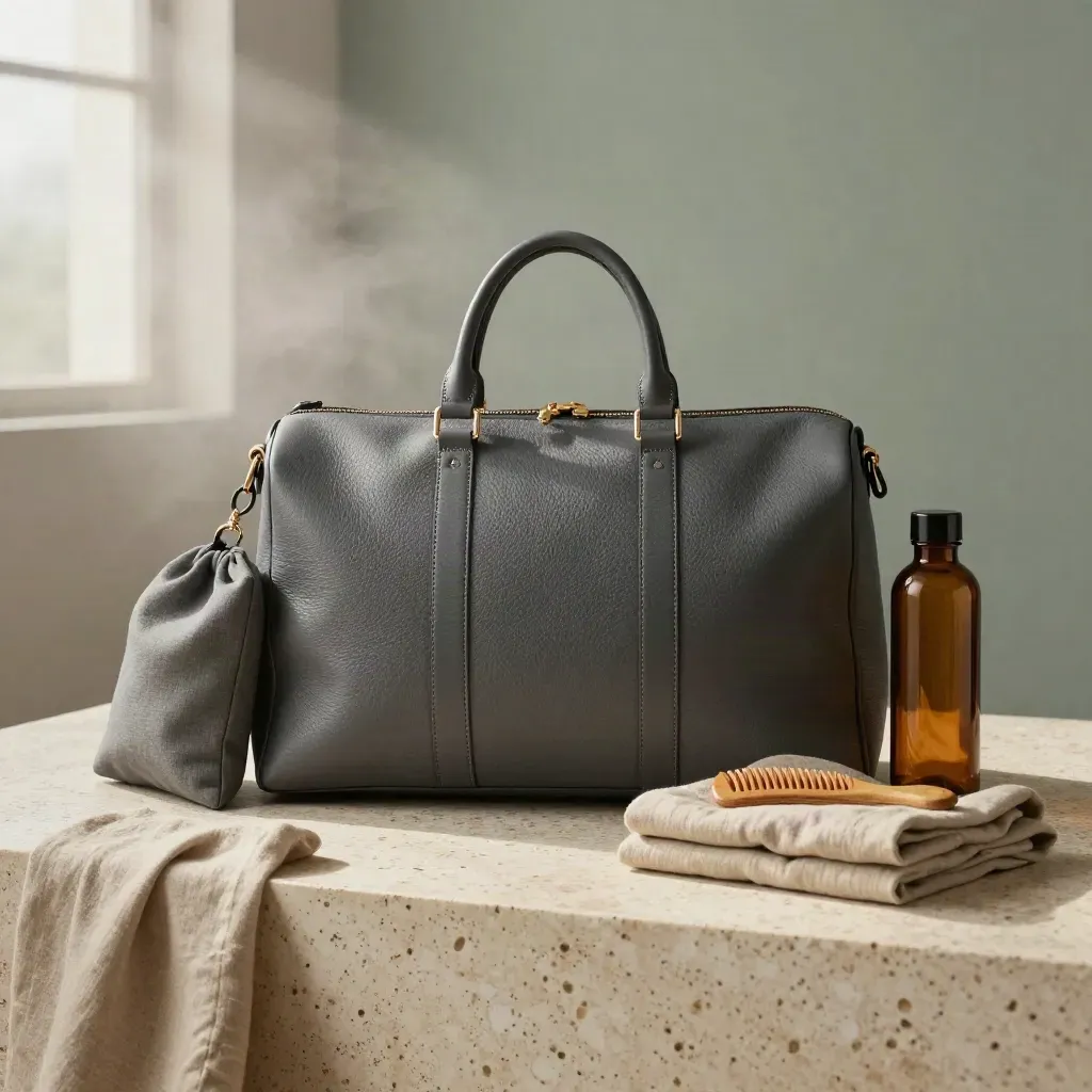 Charcoal vegan leather weekender with travel pouch, shirt, bottle and comb on pale travertine.