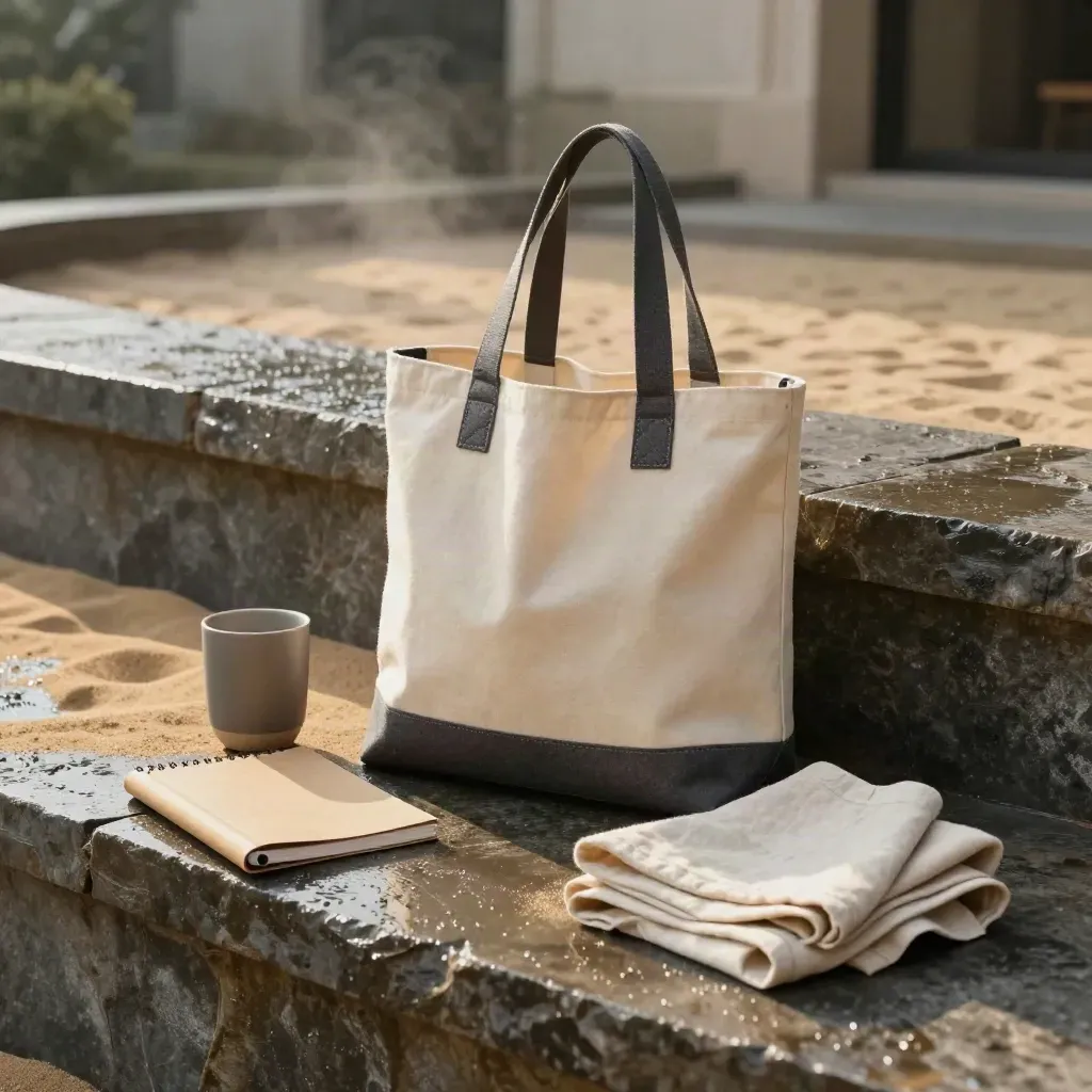Recycled canvas tote with notebook, tumbler and cloth on a rain-wet stone ledge.
