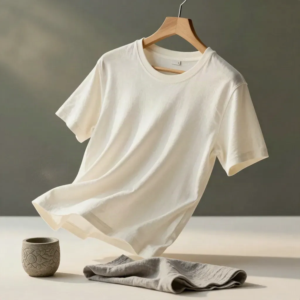 Ivory organic cotton tee with folded layers, oak hanger, stone cup and linen napkin in soft light