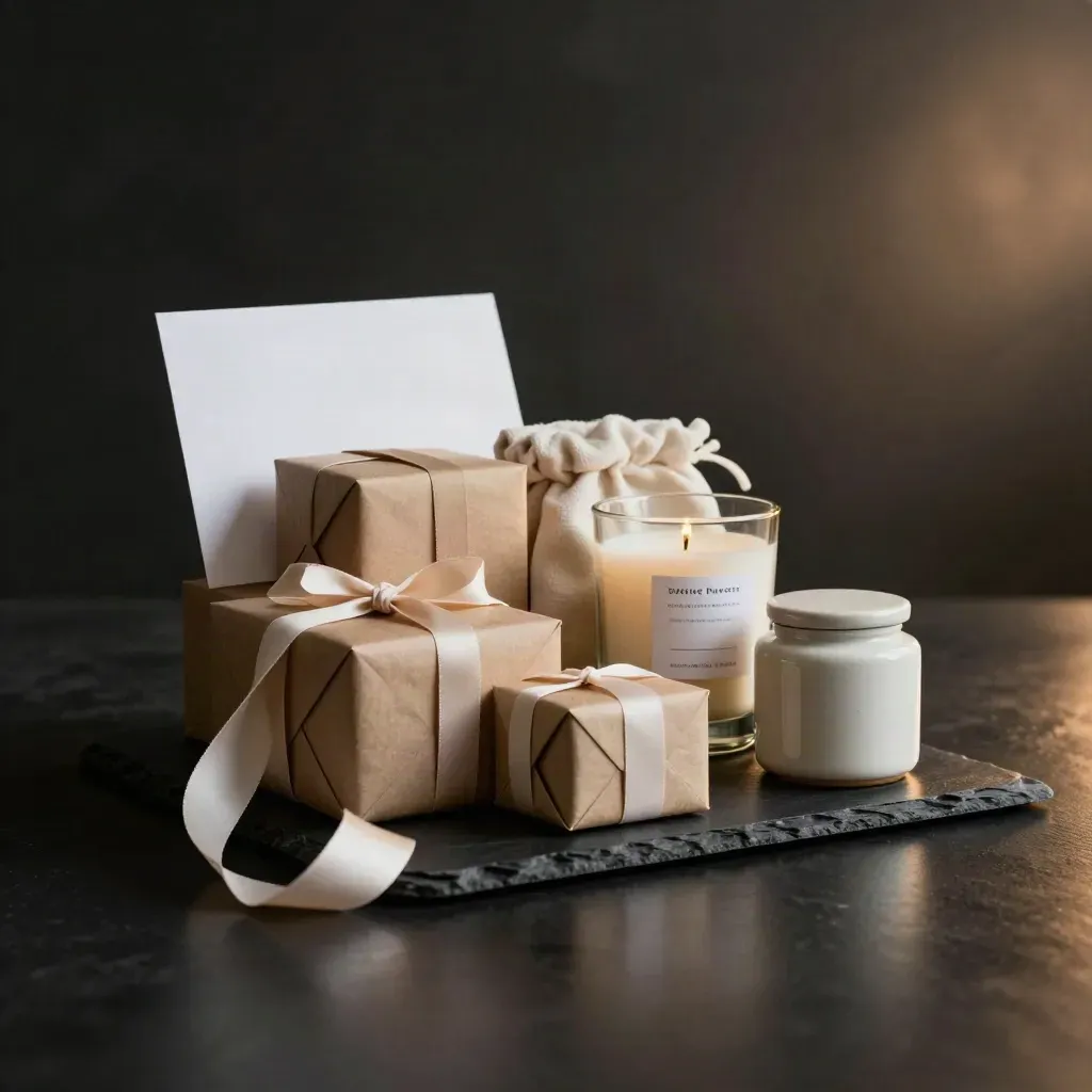 Eco gift set bundle with unbranded boxes, candle, pouch and refill jar on dark slate.