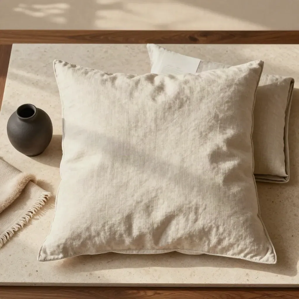 Overhead flax linen cushion covers, wool throw corner, ceramic vessel, and a turned-away card.