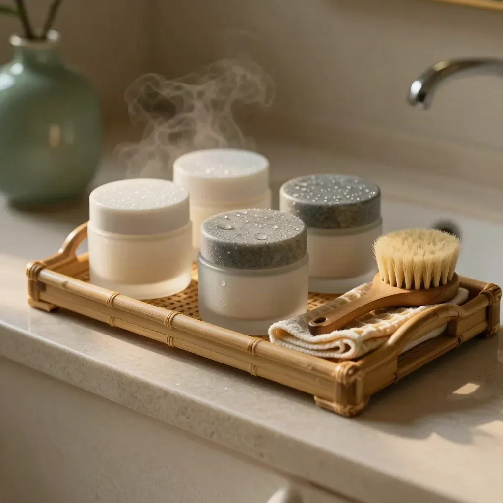 Bamboo vanity tray with jars, cloth, and brush on a steamy sinkside ledge.