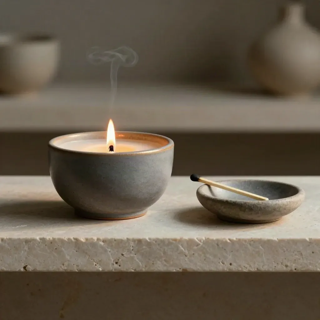 Charcoal stoneware candle holder glowing on a pale stone shelf with smoke and a match striker.