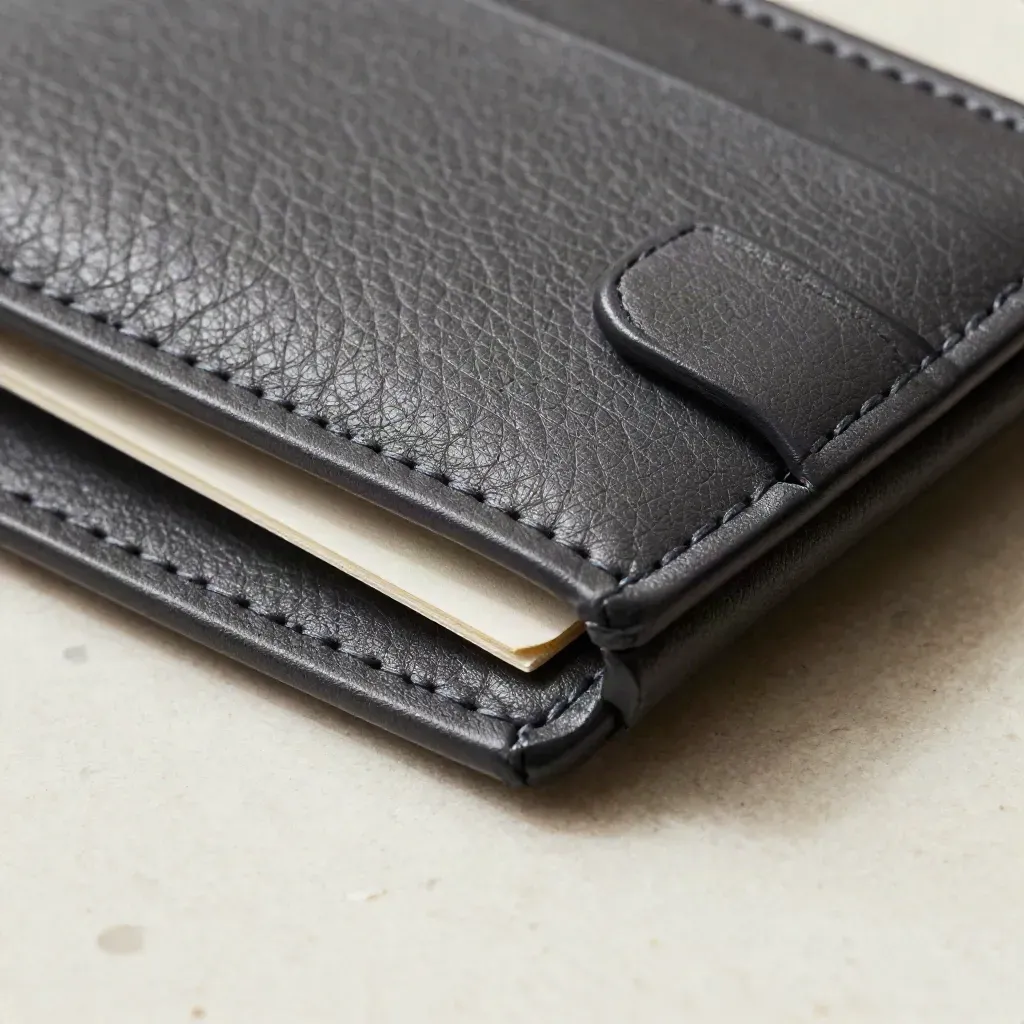 Macro of a charcoal vegan leather card holder, key loop, pouch and coin tray on pale travertine.