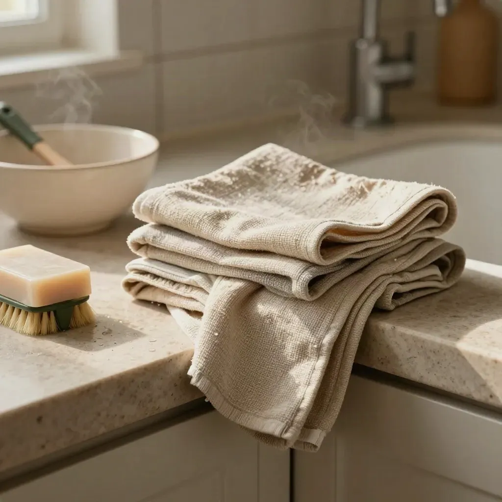 Reusable dish cloths stacked by a sink with brush, bowl and soap in soft steam