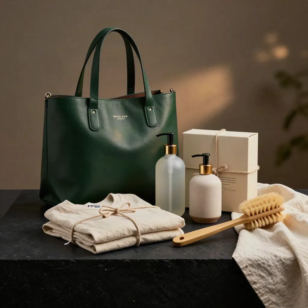 Green vegan tote, organic tee, gift box and home essentials on a matte-black plinth
