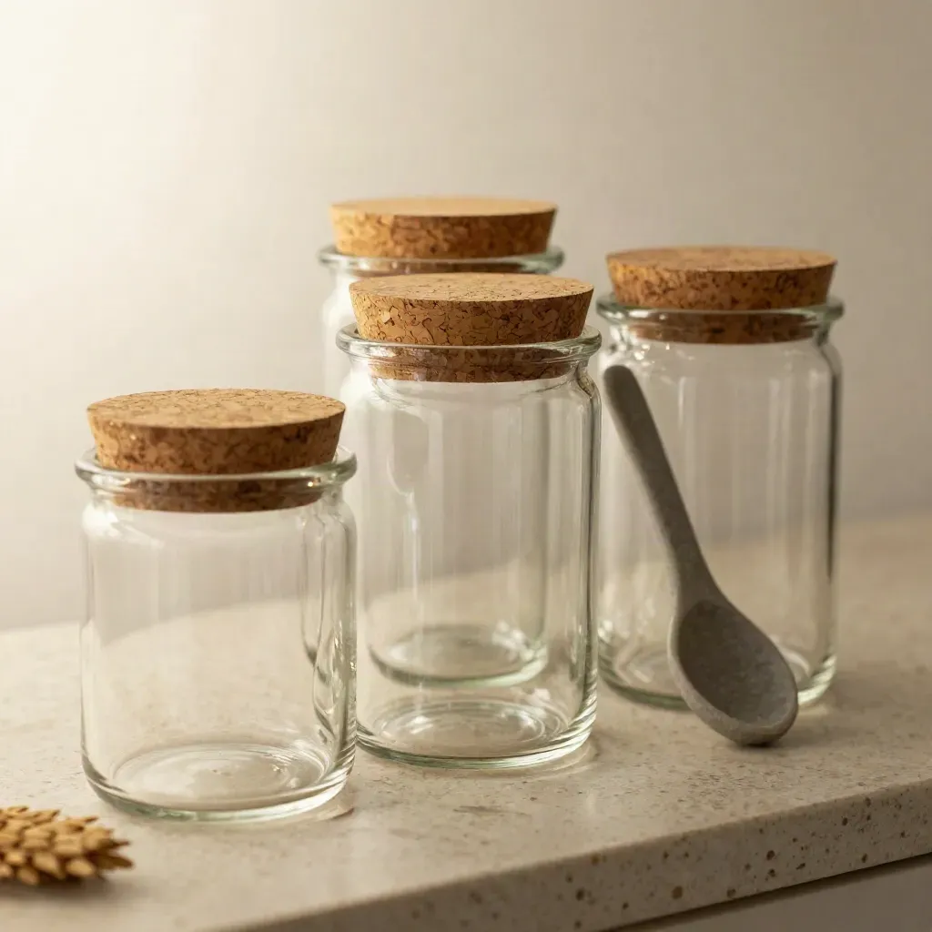 Three glass canisters with cork lids, grain stem, and stone spoon on a travertine shelf.