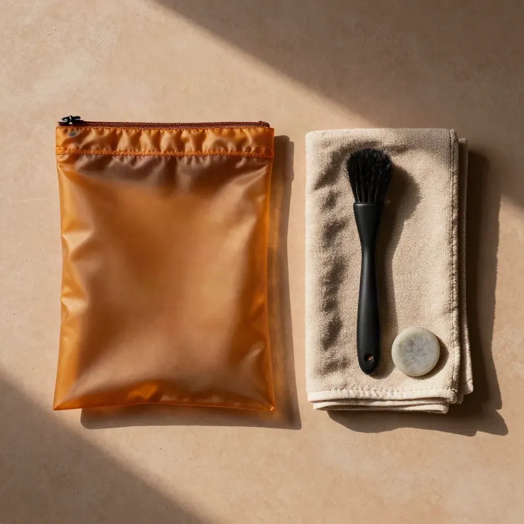 Amber beauty pouch flat lay with wash cloth, brush, and stone dish on terracotta plaster.