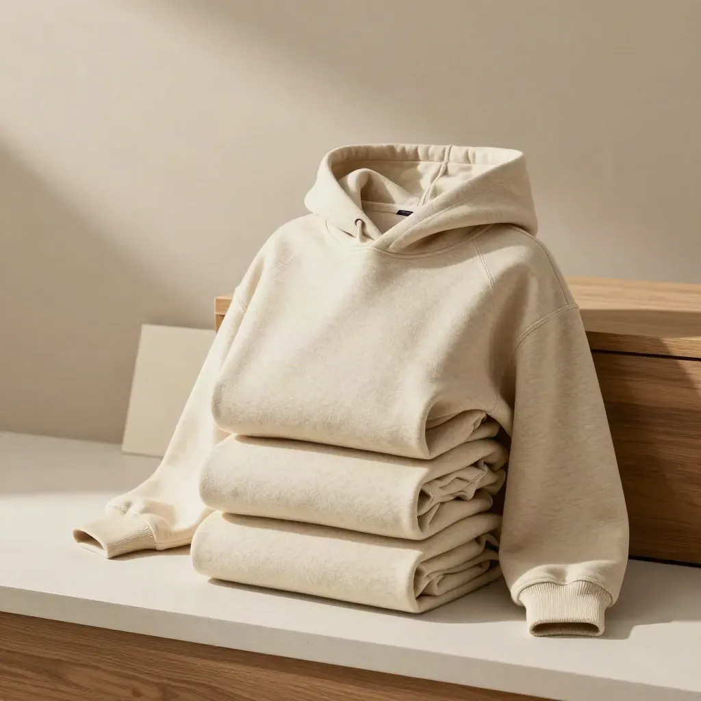 Oatmeal organic cotton hoodie with tee and joggers on a bright studio plinth