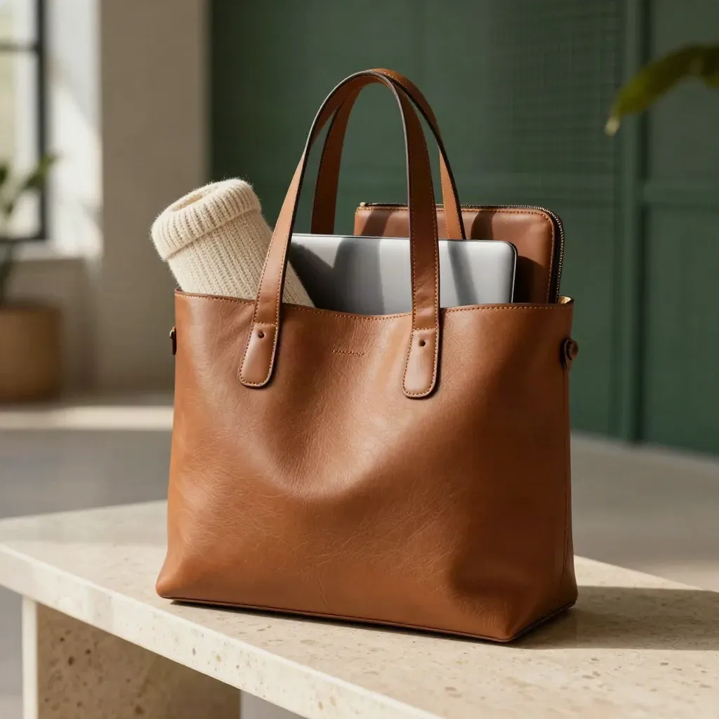 Open saddle-brown vegan tote with knit, laptop sleeve and pouch on travertine in soft morning light