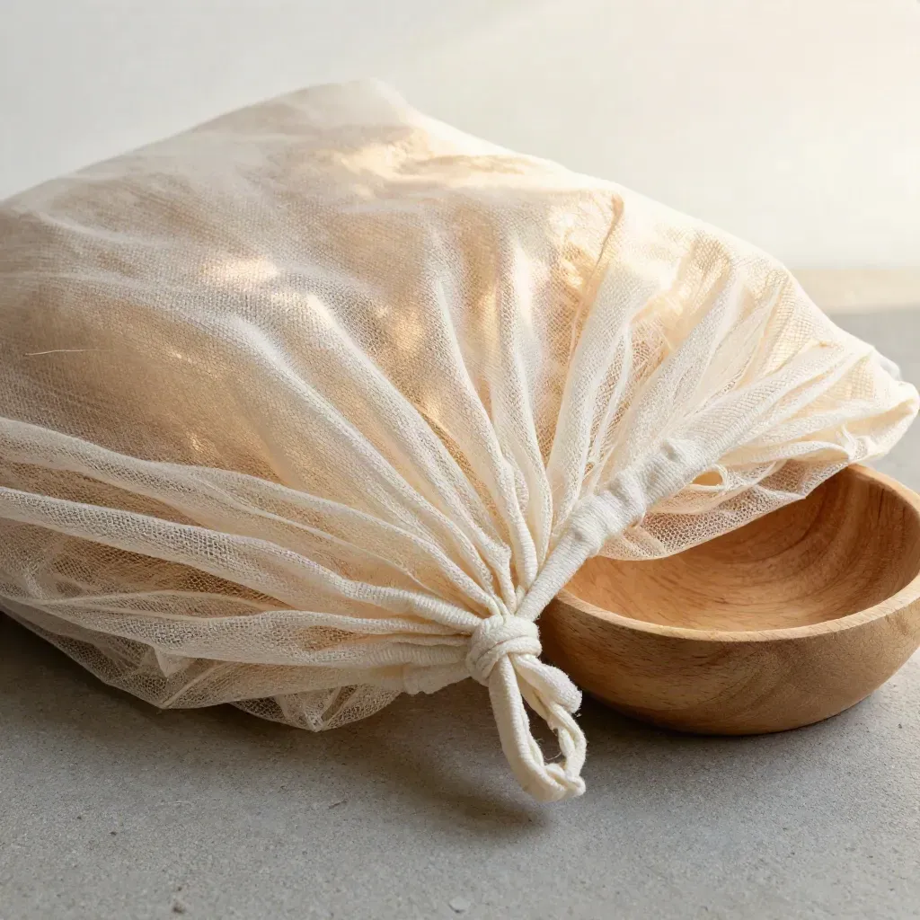 Extreme macro of sheer reusable produce bags gathered with a cotton tie in a wooden bowl.