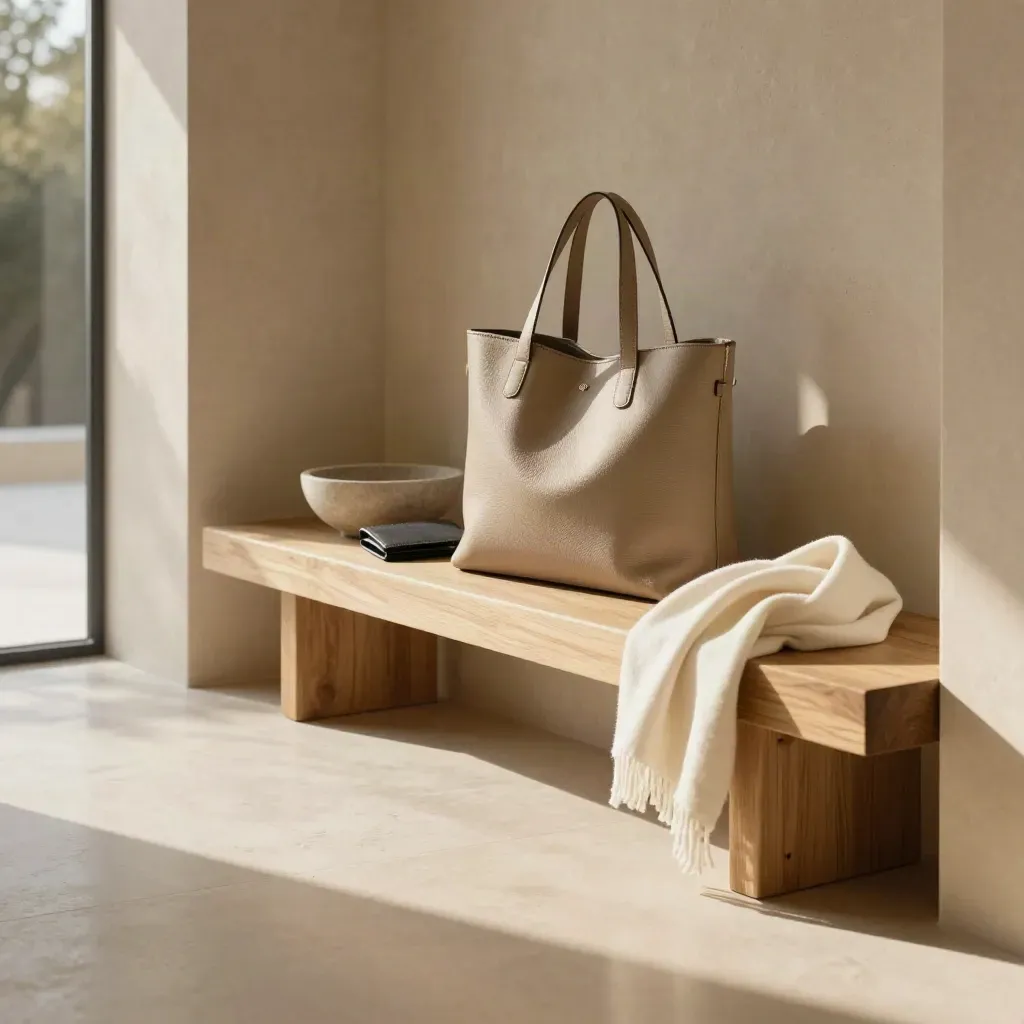 Sunlit entry niche with vegan tote, slim wallet and scarf on pale oak bench