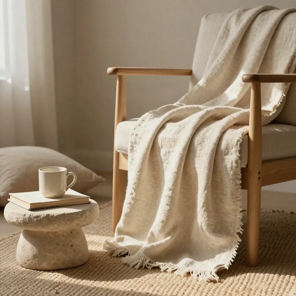 Linen throw blanket draped over chair beside mug, folded cloth, and wool cushion in soft sunlight.