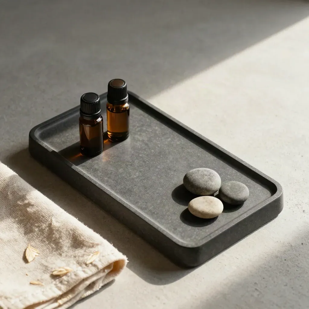 Overhead stone diffuser tray with oil vials, folded cloth, and pebbles on pale concrete.