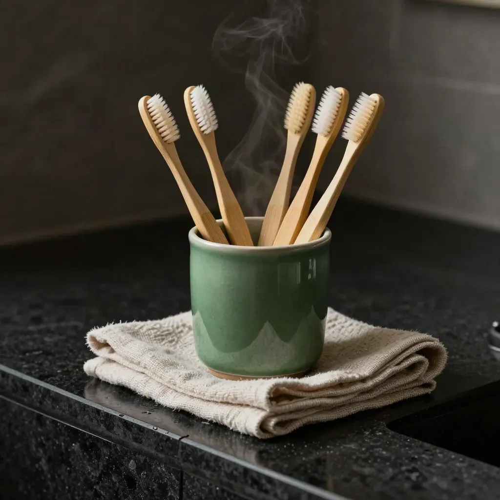 Four bamboo toothbrushes in a green cup with linen towel on a dark stone ledge, lit dramatically.