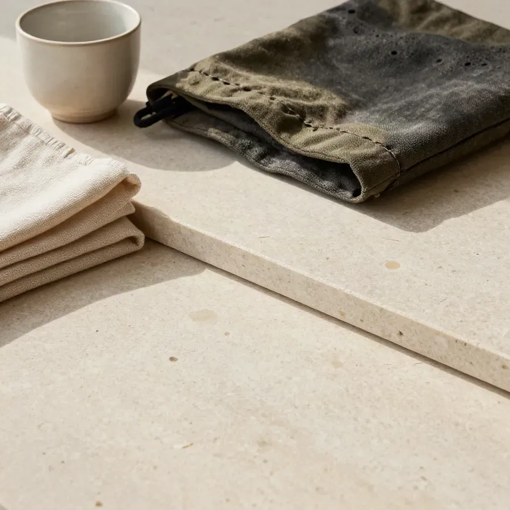 Travertine surface with folded cotton, ceramic cup, and canvas pouch under soft daylight.