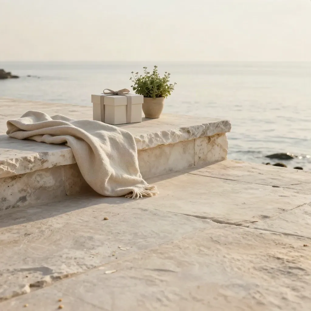 Coastal stone terrace with linen throw, ceramic gift box, and herbs in sea haze