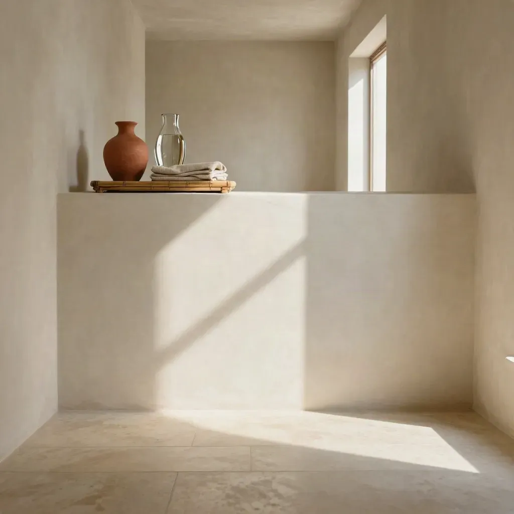 Sunlit plaster hallway with bamboo tray, glass vase and folded textiles in a calm architectural interior.