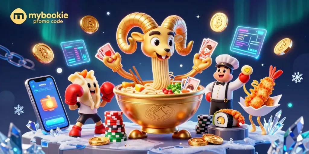 Engage with the MyBookie promo code for exciting bonuses in this vibrant casino-themed illustration.