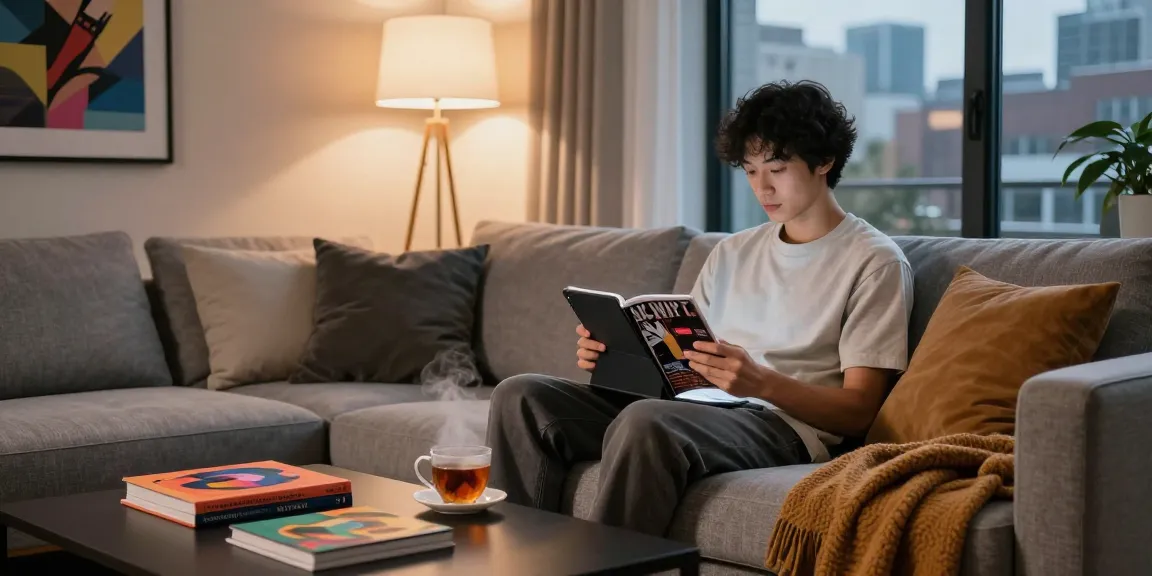 Youthful adult exploring NSFW content on a tablet in a cozy urban living room