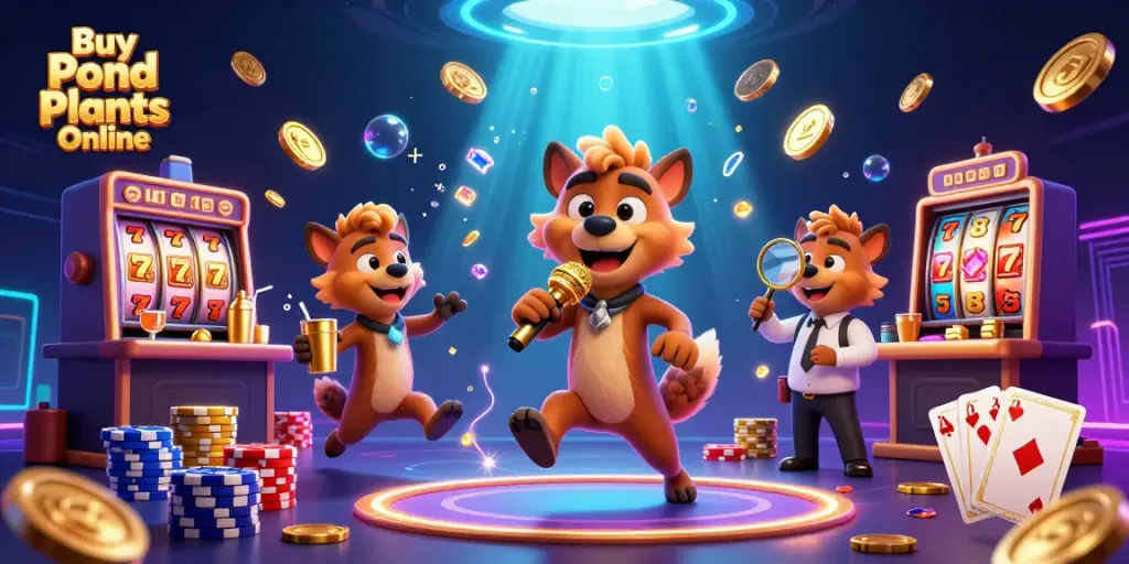 Engage in the thrill of buying pond plants online with an animated casino scene featuring hyenas.