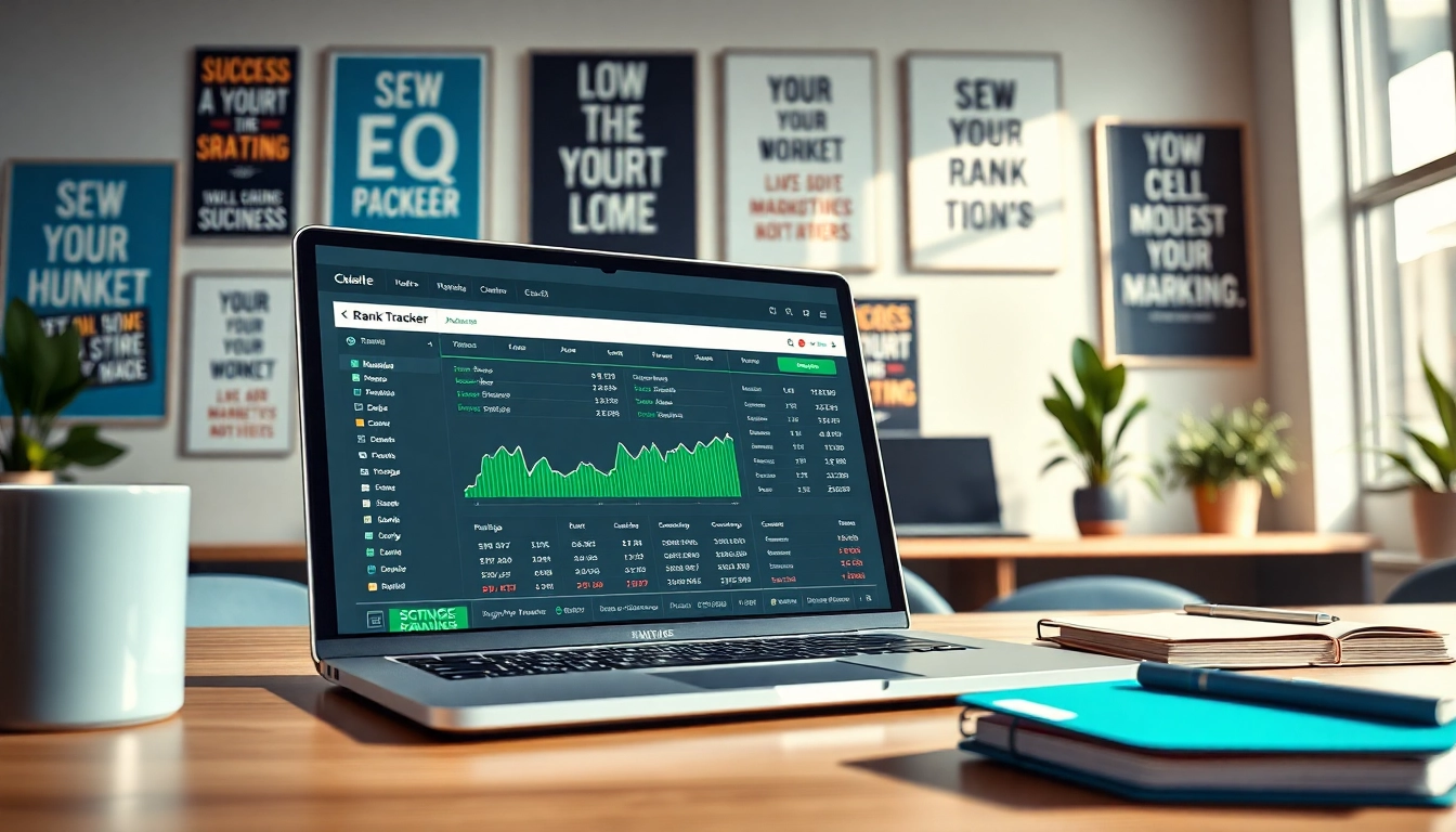 Monitor displaying an SEO Rank Tracker interface in a professional workspace for digital marketers.