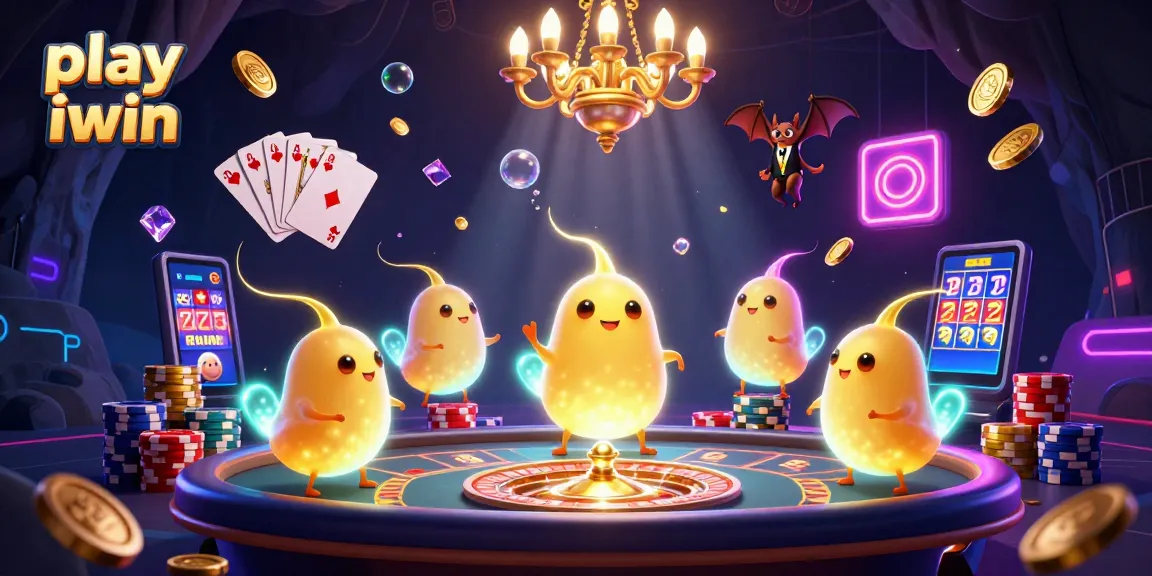Play iwin at a vibrant cave casino scene, featuring glowing characters and energetic game elements.