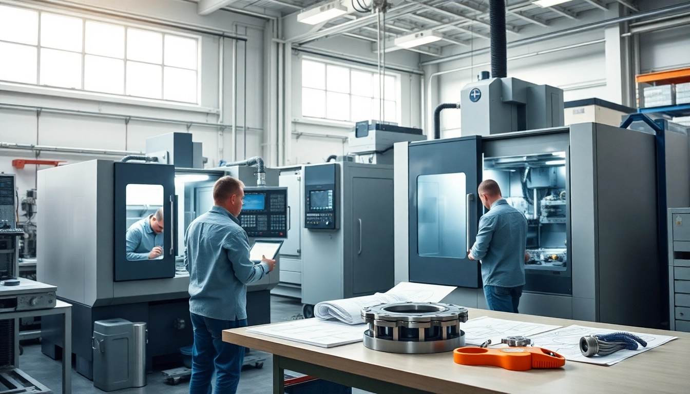 Custom part manufacturer creating precision components in a modern workshop with skilled technicians.