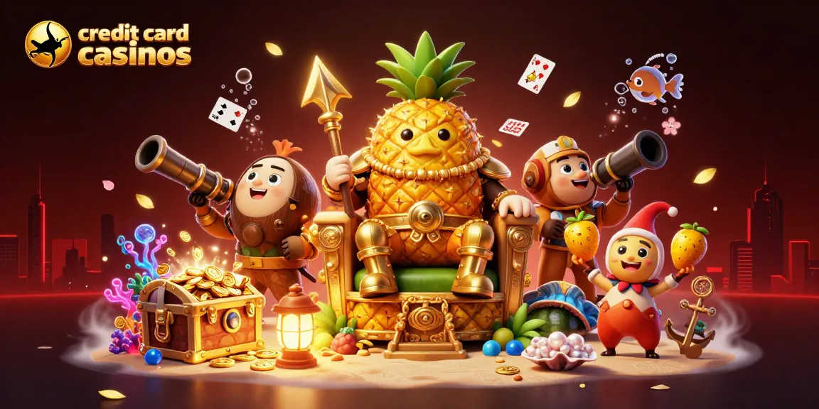 Engage with vibrant credit card casinos featuring a golden pineapple king and dynamic gaming elements.