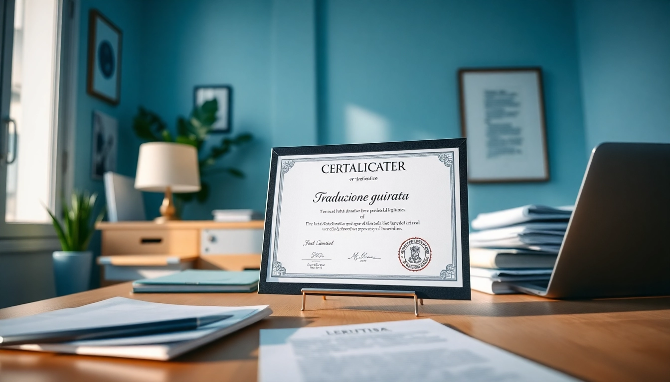 Professional workspace for traduzione giurata featuring a certificate and translation documents.