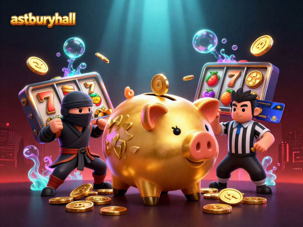 Watch the astburyhall piggy bank sumo wrestler dominate the casino scene, surrounded by dynamic slot reels and vibrant game elements.