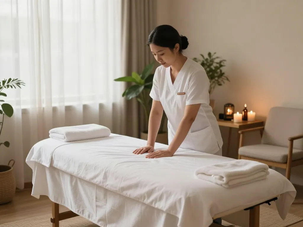 Garak-dong 출장마사지 therapy studio with tranquil atmosphere, massage table, essential oils, and calming decor