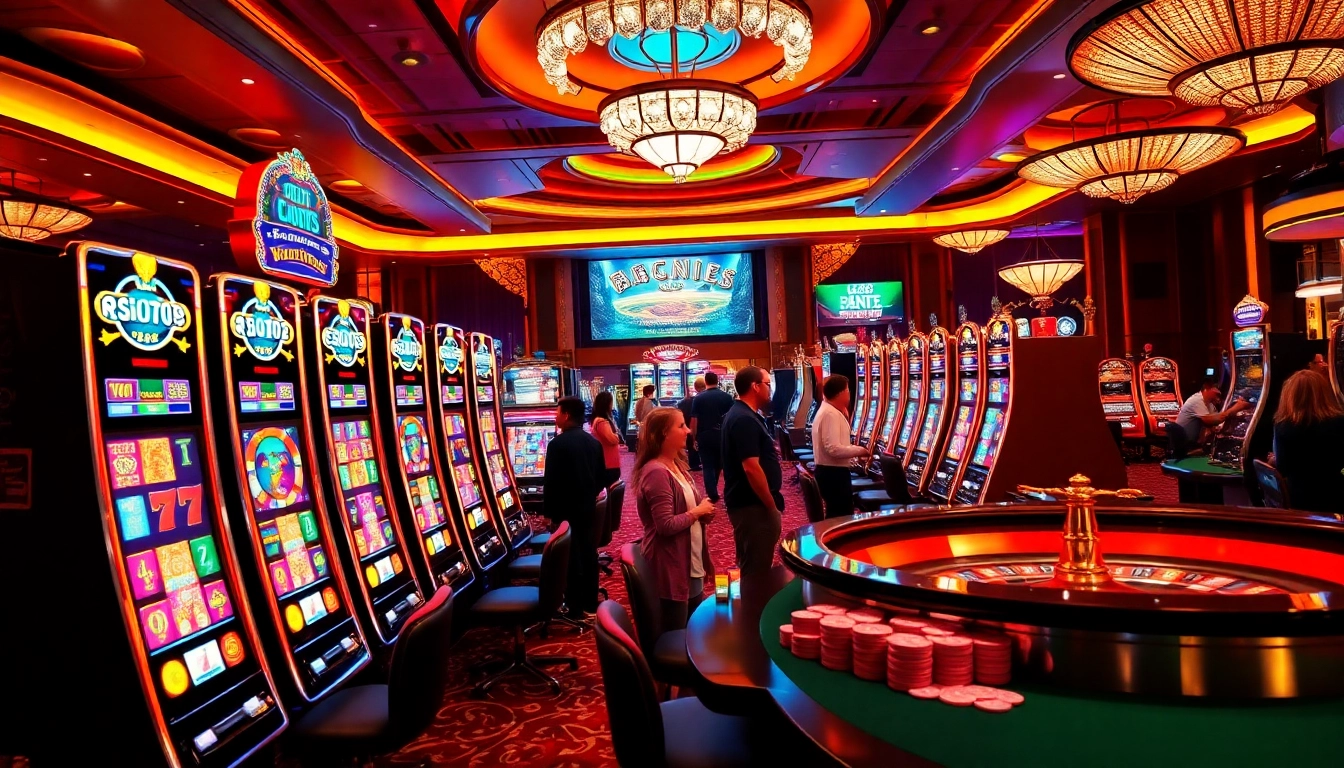 Players enjoying slot depo pulsa machines with colorful reels spinning and poker chips scattered.