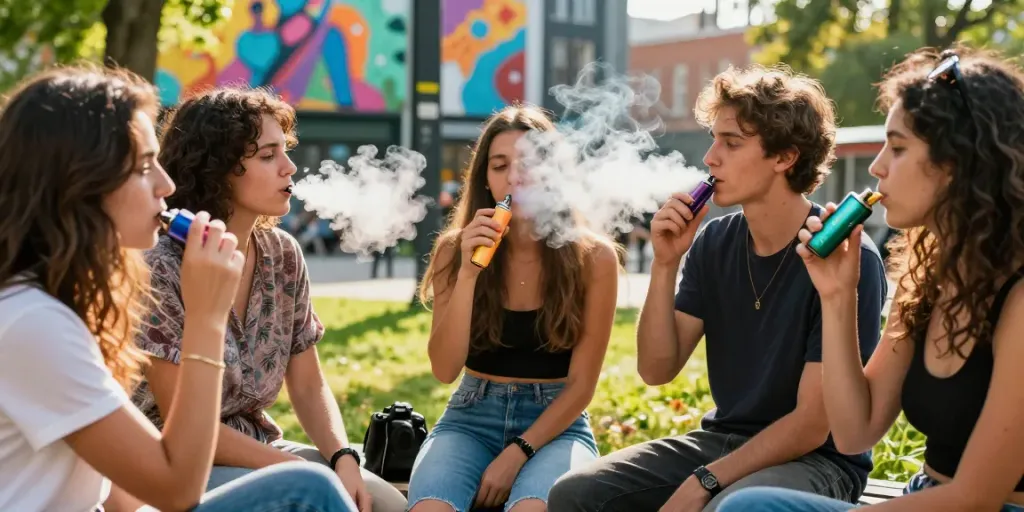 Group of friends enjoying Flum vape devices in a colorful urban park setting.