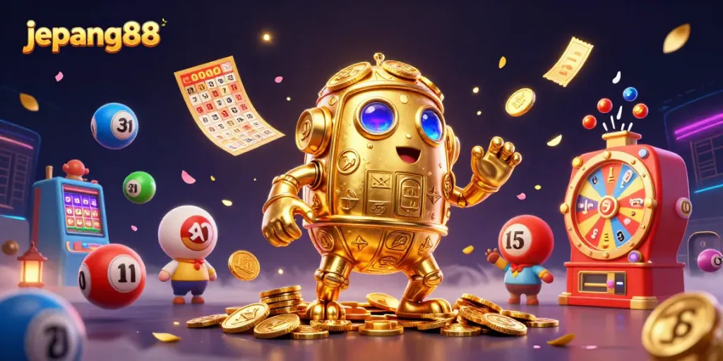 The 3D cartoon illustration of "jepang88" showcases an ancient golden golem amidst vibrant gaming elements, emphasizing casino excitement.