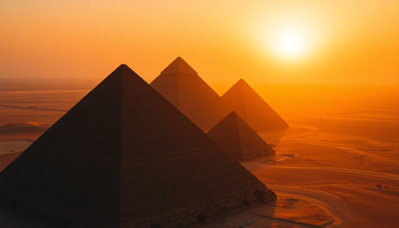 View of majestic piraminds under a golden sunset, highlighting their ancient beauty and history.