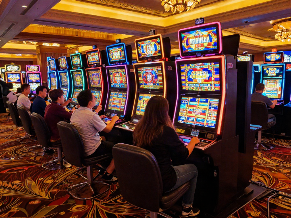 Exciting casino slot bonus scene with players celebrating wins in vibrant environment