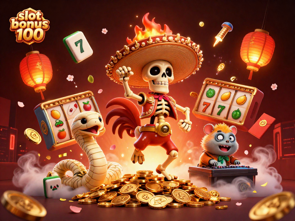 Celebrate with the slot bonus 100 as a mariachi rooster dances on gold coins in a festive casino scene.
