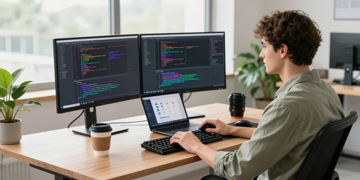 Developer coding at modern workspace with 纸飞机中文版 app interface, showcasing productivity and tech creativity.