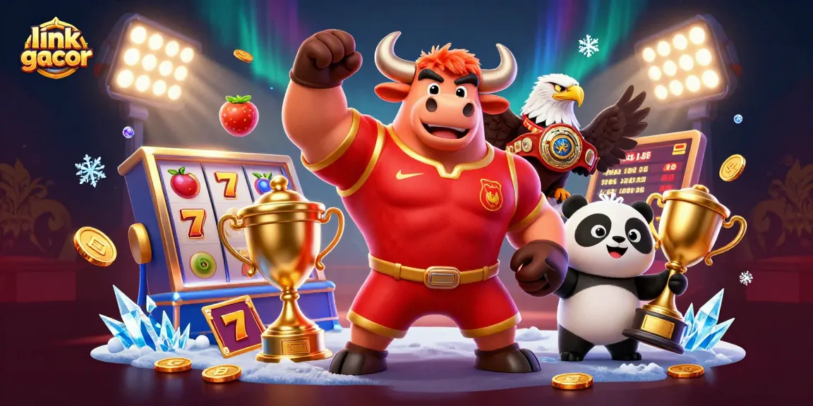 Experience big wins with link gacor illustrated scene featuring a cartoon bull, eagle, and panda in a rich casino atmosphere.