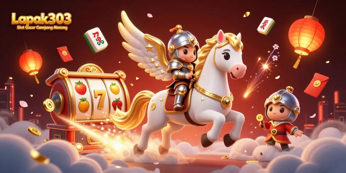 Engage with Lapak303 Slot Gacor Gampang Menang showcasing vibrant slot reels and enchanting characters.