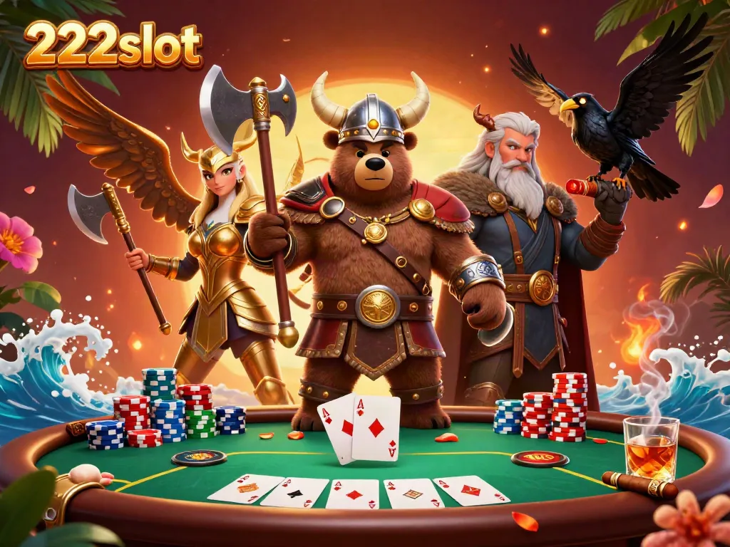 Permainan slot di 222slot dengan karakter Viking dan elang, menggambarkan aksi di kasino.