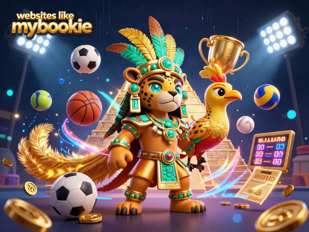 Experience thrilling action with websites like mybookie showcasing sports betting, trophies, and games.