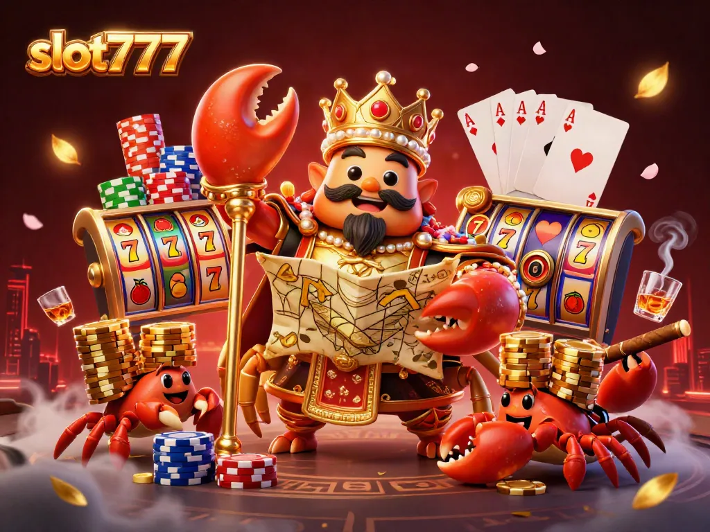 Slot777: Raja kepiting emas memimpin permainan slot yang seru dengan simbol buah dan jackpot.