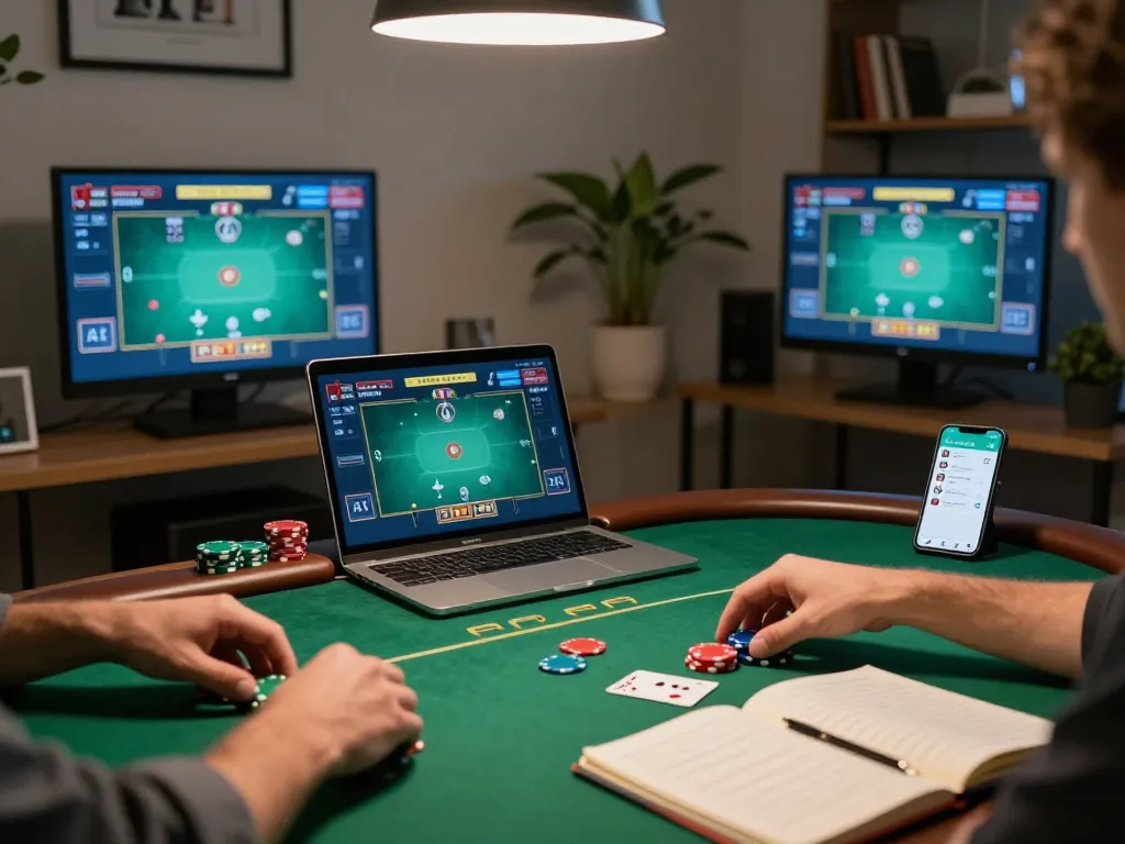 Strategi permainan poker online ditampilkan di beberapa layar di ruang kerja rumah yang nyaman dengan suasana paris888.