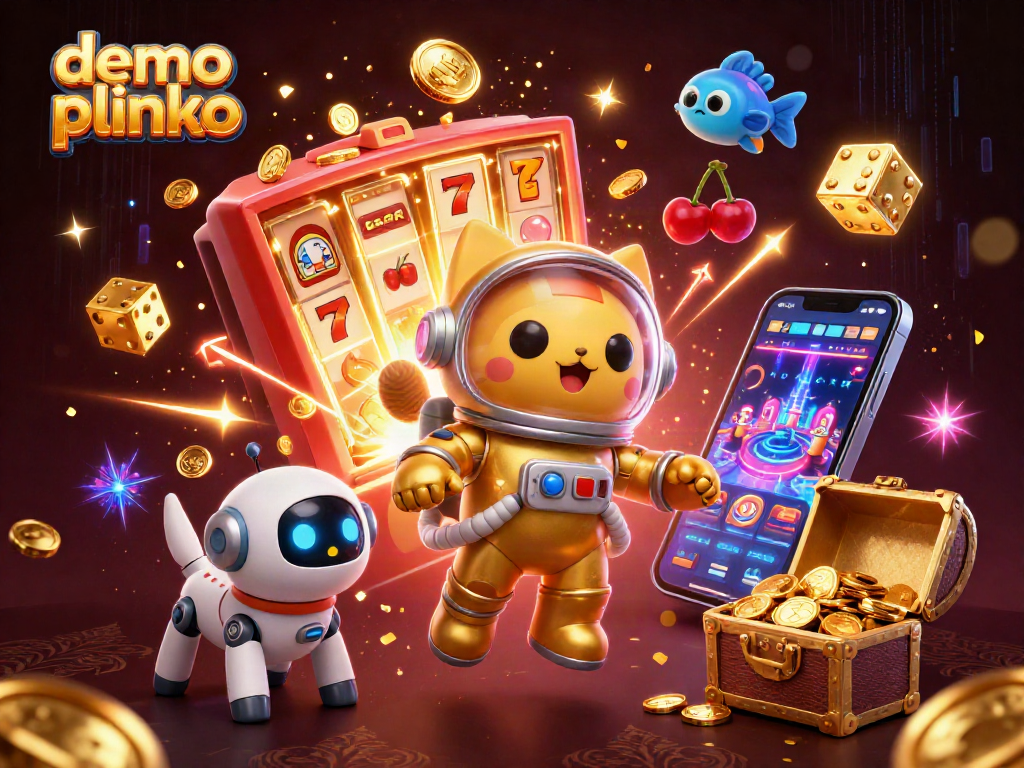 Experience demo plinko with a captivating cosmic scene showcasing an astronaut cat amidst slot machines and vibrant casino elements.