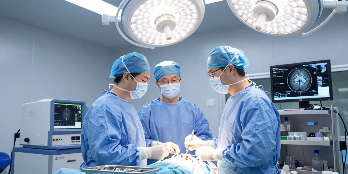 Detailed scene of brain tumor surgery, showcasing professionals ensuring safety and precision in beyin tümörü ameliyatı.