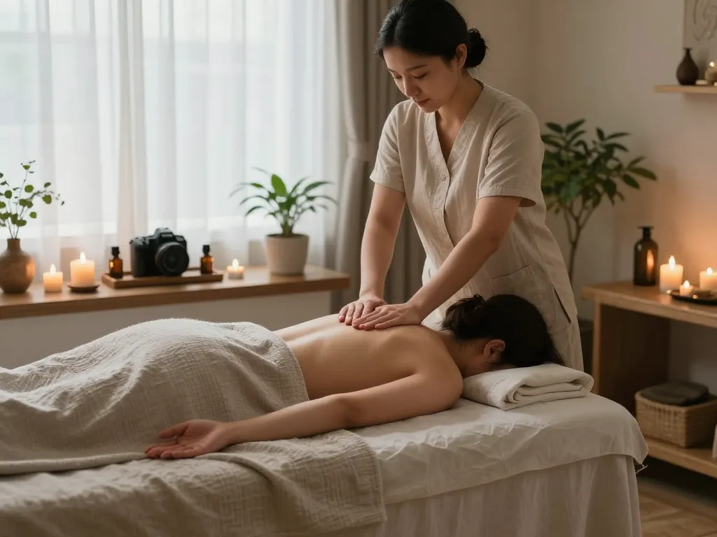 평화로운 스파 환경에서 치료사가 마사지를 수행하는 관악스웨디시 치료를 위한 편안한 분위기.