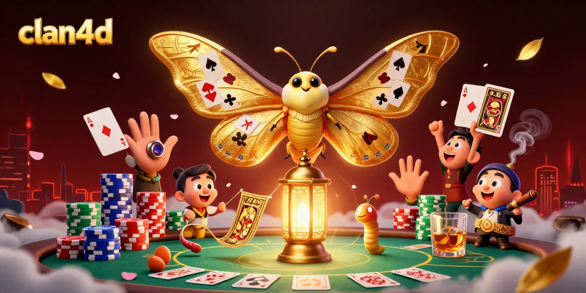 Engage with clan4d's vibrant casino visuals highlighting an enchanting moth and poker elements.